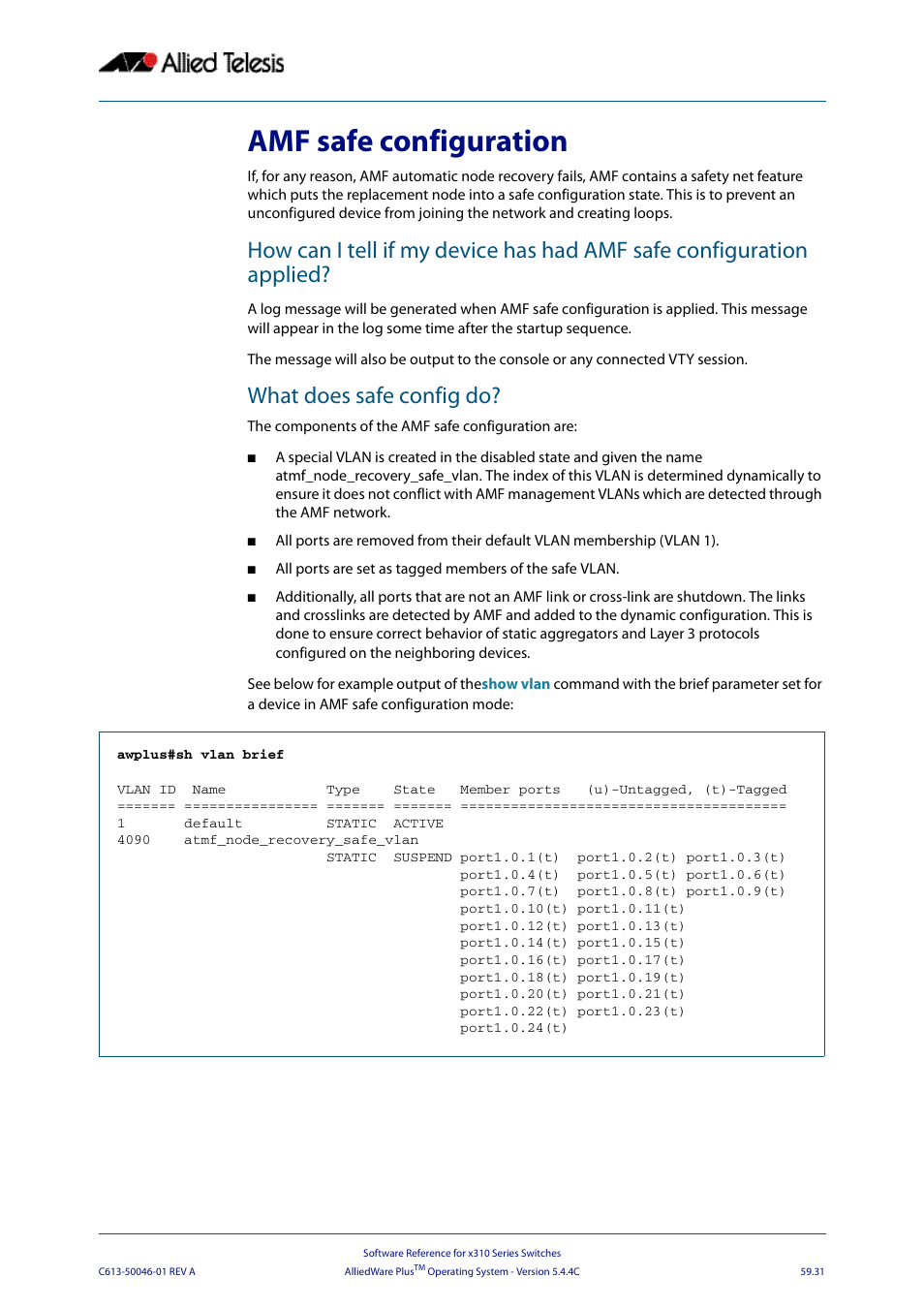 Amf safe configuration, What does safe config do | Allied Telesis AlliedWare Plus Operating System Version 5.4.4C (x310-26FT,x310-26FP,x310-50FT,x310-50FP) User Manual | Page 1575 / 2220