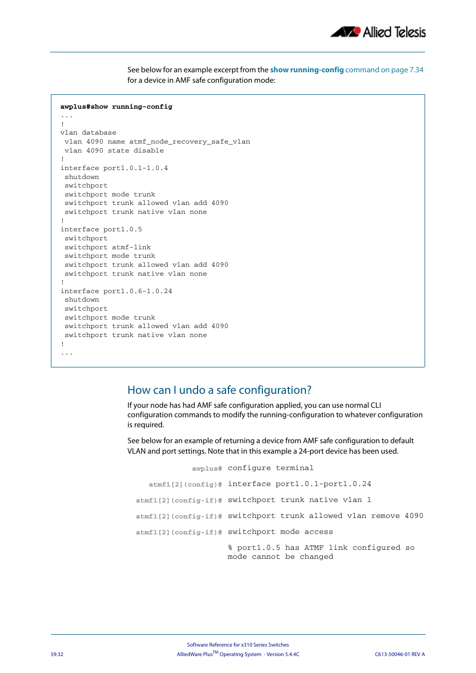 How can i undo a safe configuration | Allied Telesis AlliedWare Plus Operating System Version 5.4.4C (x310-26FT,x310-26FP,x310-50FT,x310-50FP) User Manual | Page 1576 / 2220