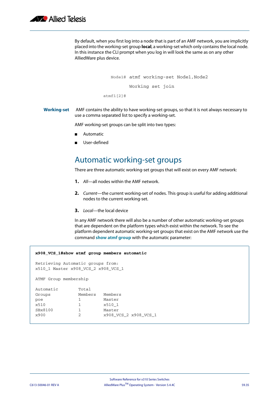 Automatic working-set groups | Allied Telesis AlliedWare Plus Operating System Version 5.4.4C (x310-26FT,x310-26FP,x310-50FT,x310-50FP) User Manual | Page 1579 / 2220