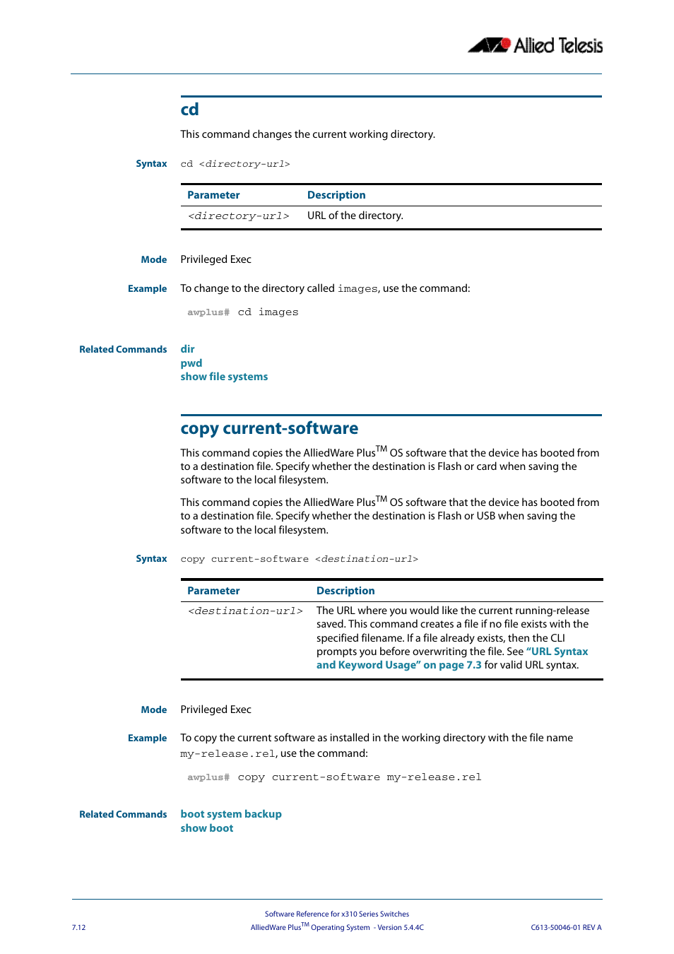 Copy current-software, Cd copy current-software | Allied Telesis AlliedWare Plus Operating System Version 5.4.4C (x310-26FT,x310-26FP,x310-50FT,x310-50FP) User Manual | Page 158 / 2220