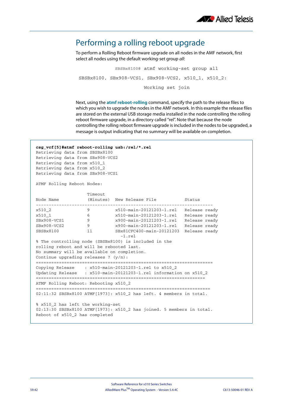 Performing a rolling reboot upgrade | Allied Telesis AlliedWare Plus Operating System Version 5.4.4C (x310-26FT,x310-26FP,x310-50FT,x310-50FP) User Manual | Page 1586 / 2220