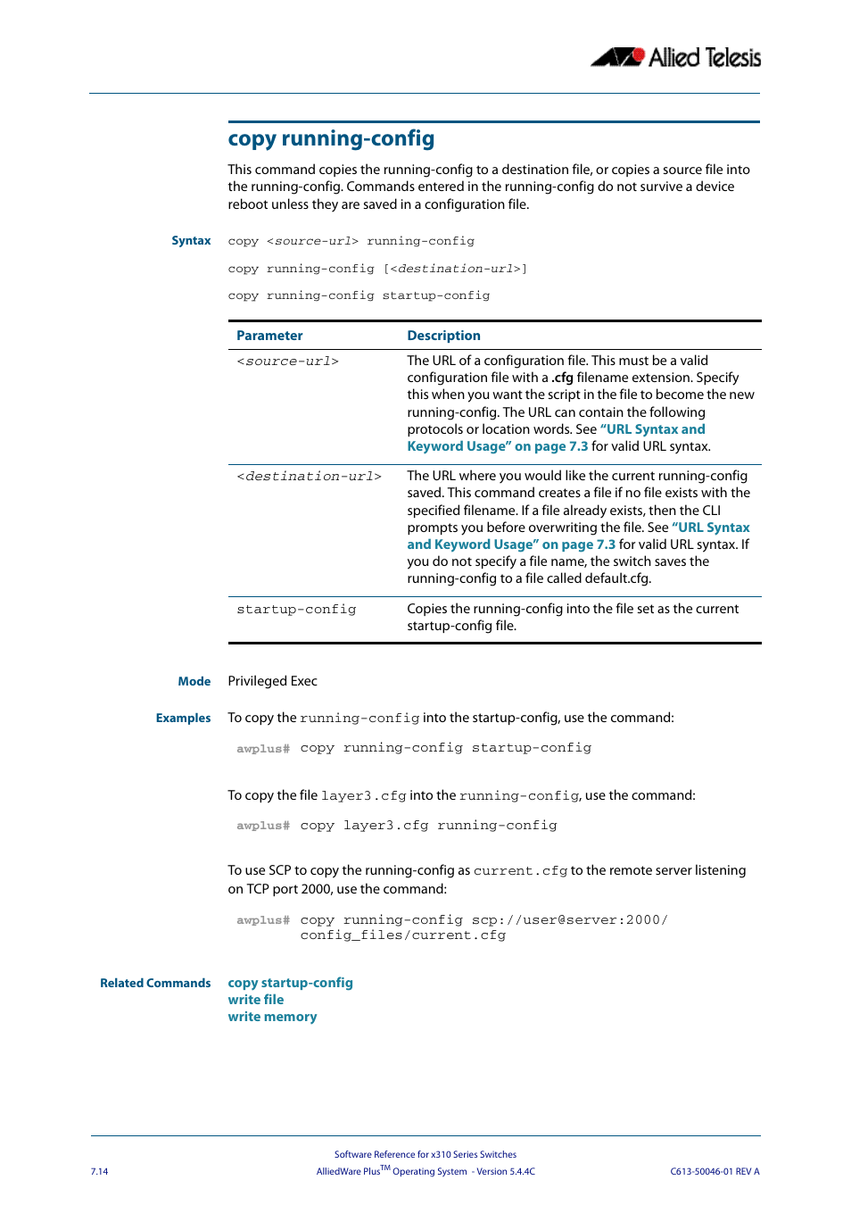 Copy running-config | Allied Telesis AlliedWare Plus Operating System Version 5.4.4C (x310-26FT,x310-26FP,x310-50FT,x310-50FP) User Manual | Page 160 / 2220