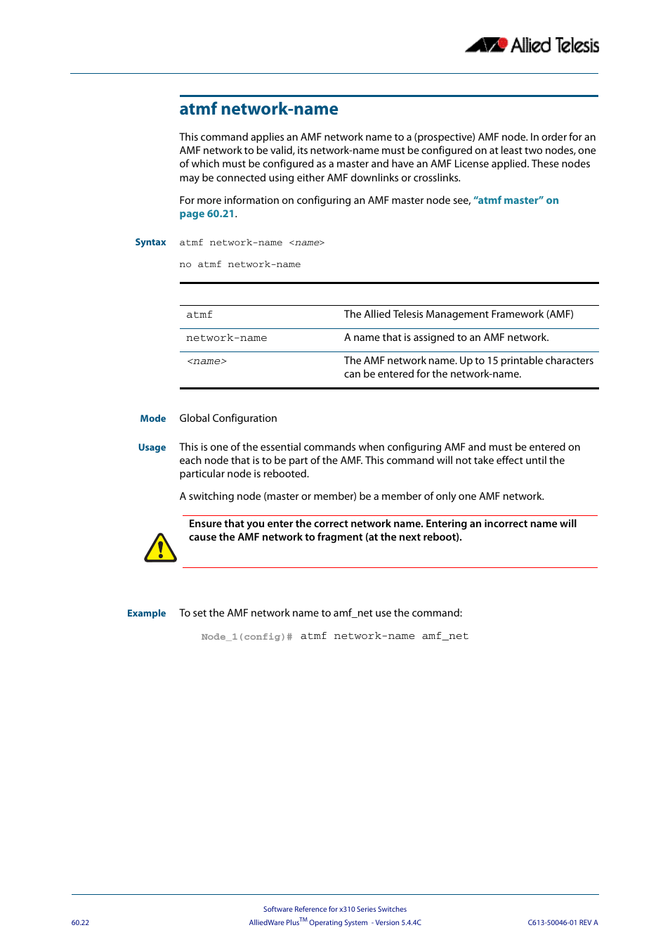 Atmf network-name | Allied Telesis AlliedWare Plus Operating System Version 5.4.4C (x310-26FT,x310-26FP,x310-50FT,x310-50FP) User Manual | Page 1610 / 2220