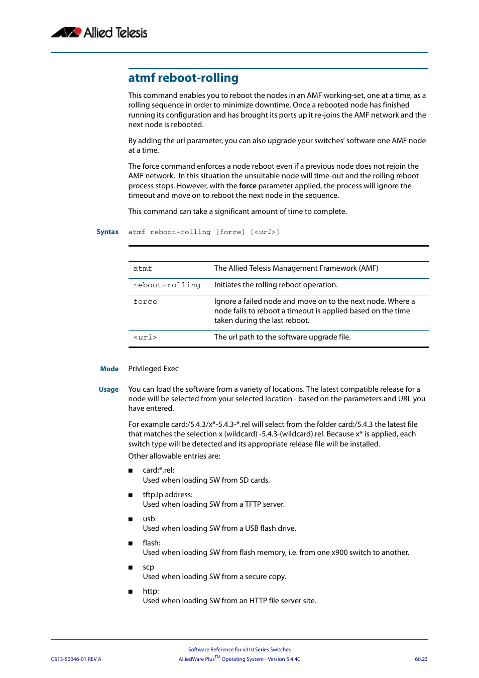 Atmf reboot-rolling | Allied Telesis AlliedWare Plus Operating System Version 5.4.4C (x310-26FT,x310-26FP,x310-50FT,x310-50FP) User Manual | Page 1611 / 2220