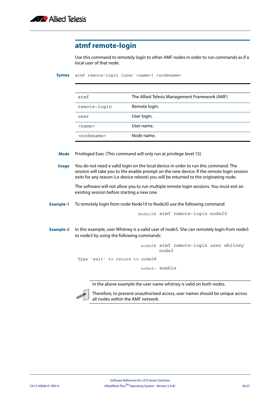 Atmf remote-login | Allied Telesis AlliedWare Plus Operating System Version 5.4.4C (x310-26FT,x310-26FP,x310-50FT,x310-50FP) User Manual | Page 1615 / 2220