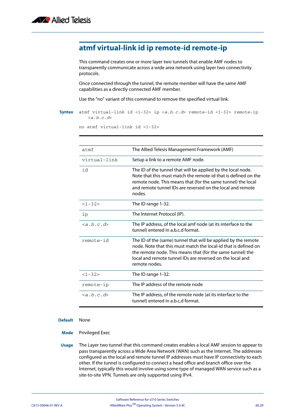Atmf virtual-link id ip remote-id remote-ip | Allied Telesis AlliedWare Plus Operating System Version 5.4.4C (x310-26FT,x310-26FP,x310-50FT,x310-50FP) User Manual | Page 1617 / 2220
