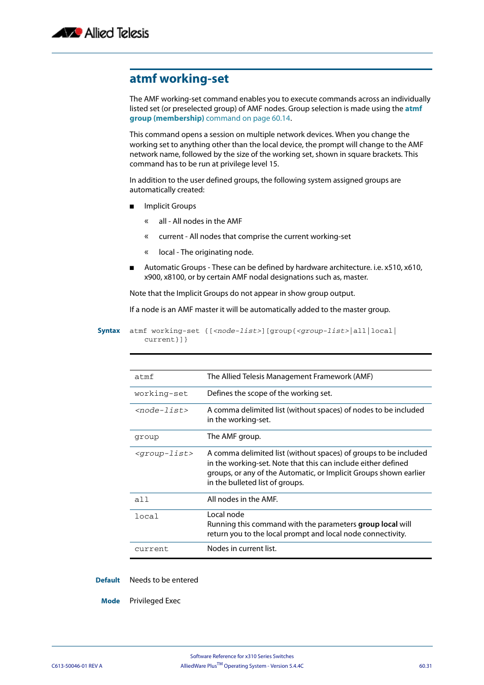 Atmf working-set | Allied Telesis AlliedWare Plus Operating System Version 5.4.4C (x310-26FT,x310-26FP,x310-50FT,x310-50FP) User Manual | Page 1619 / 2220