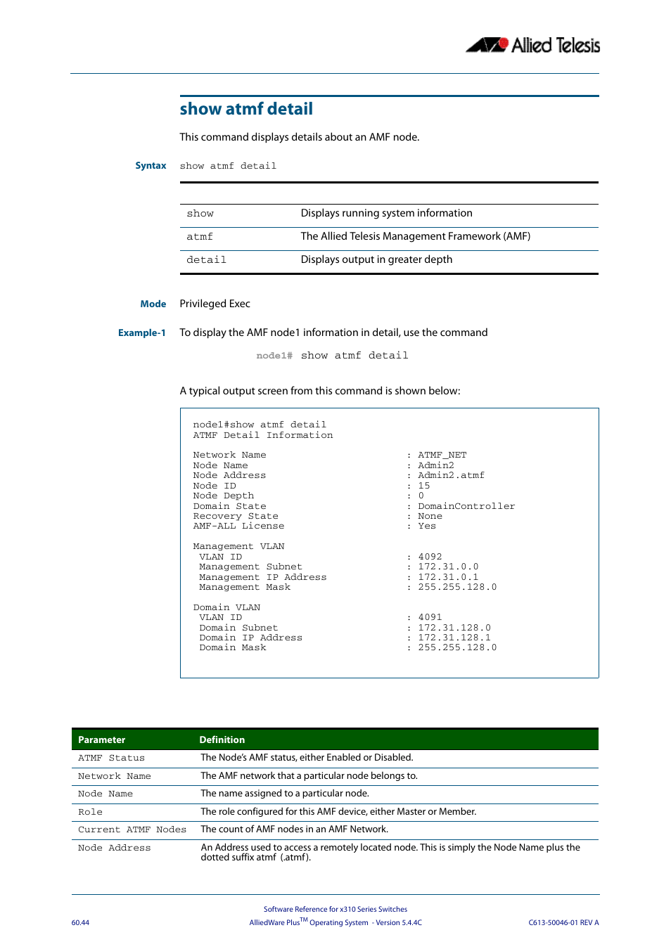 Show atmf detail | Allied Telesis AlliedWare Plus Operating System Version 5.4.4C (x310-26FT,x310-26FP,x310-50FT,x310-50FP) User Manual | Page 1632 / 2220