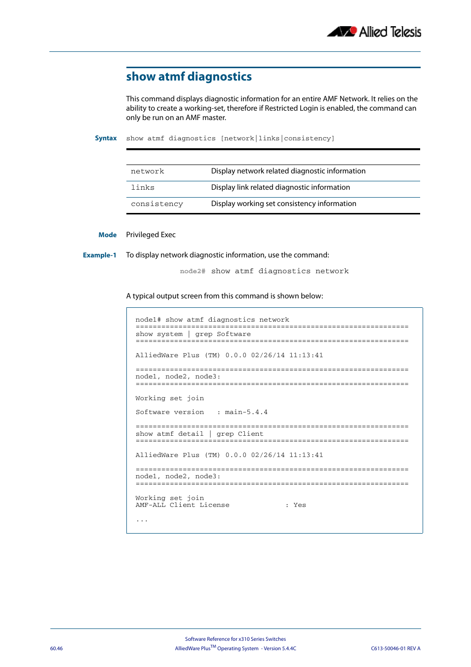 Show atmf diagnostics | Allied Telesis AlliedWare Plus Operating System Version 5.4.4C (x310-26FT,x310-26FP,x310-50FT,x310-50FP) User Manual | Page 1634 / 2220