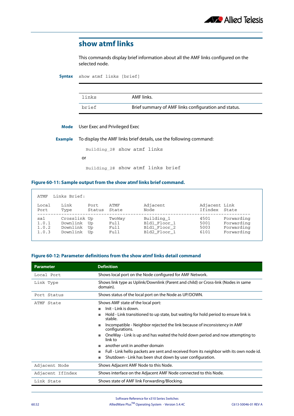 Show atmf links | Allied Telesis AlliedWare Plus Operating System Version 5.4.4C (x310-26FT,x310-26FP,x310-50FT,x310-50FP) User Manual | Page 1640 / 2220