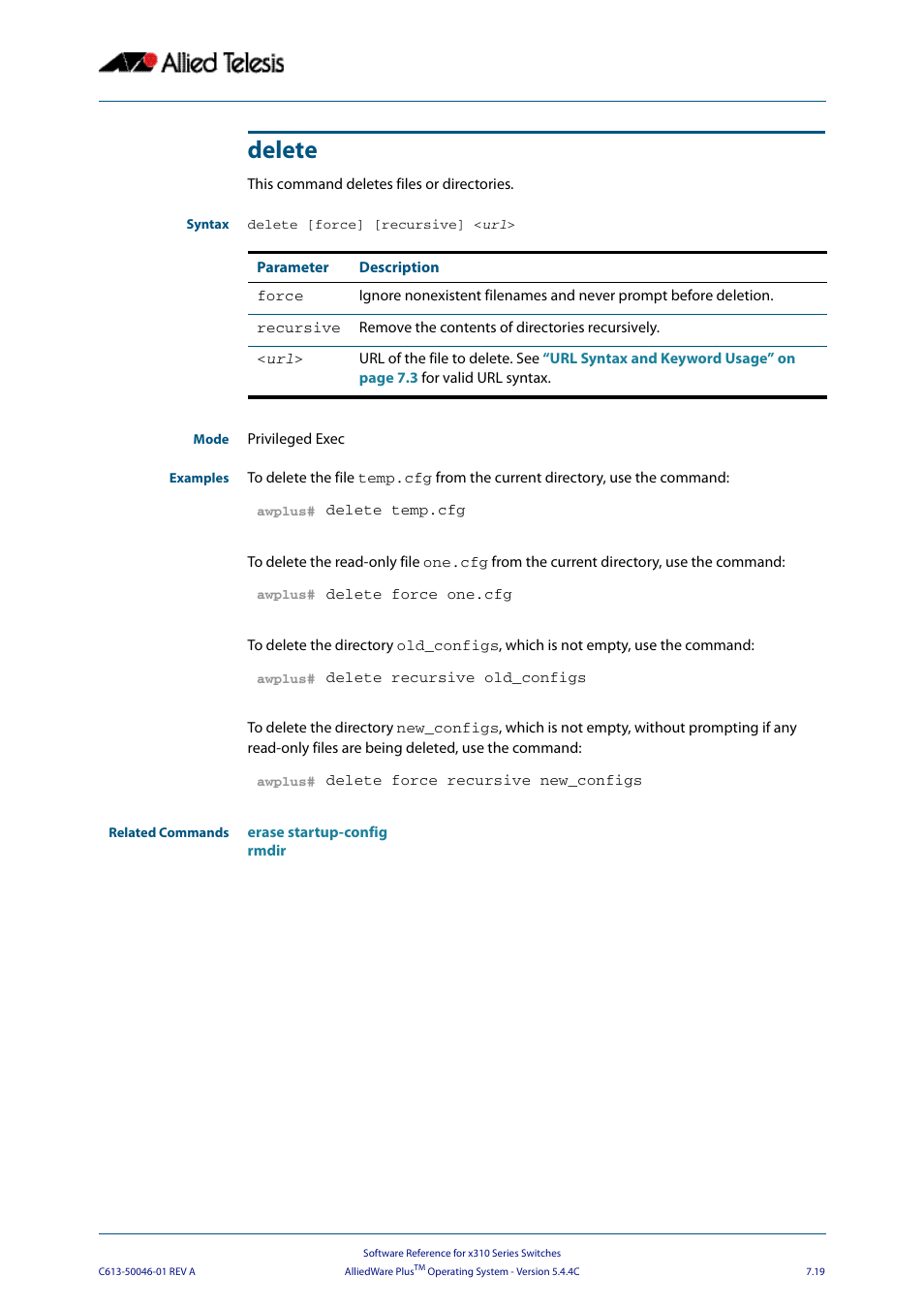 Delete | Allied Telesis AlliedWare Plus Operating System Version 5.4.4C (x310-26FT,x310-26FP,x310-50FT,x310-50FP) User Manual | Page 165 / 2220