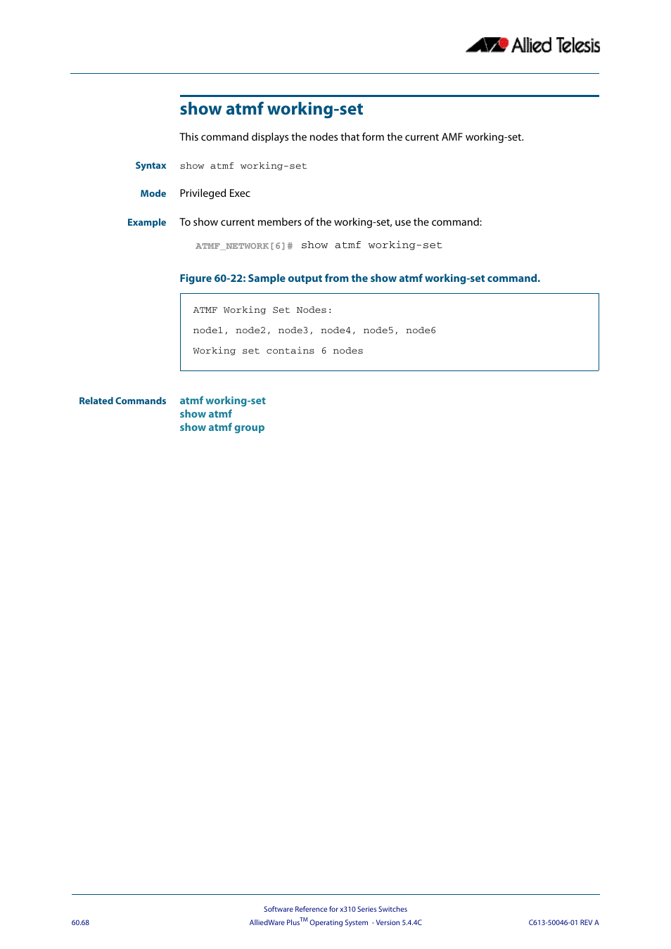 Show atmf working-set | Allied Telesis AlliedWare Plus Operating System Version 5.4.4C (x310-26FT,x310-26FP,x310-50FT,x310-50FP) User Manual | Page 1656 / 2220