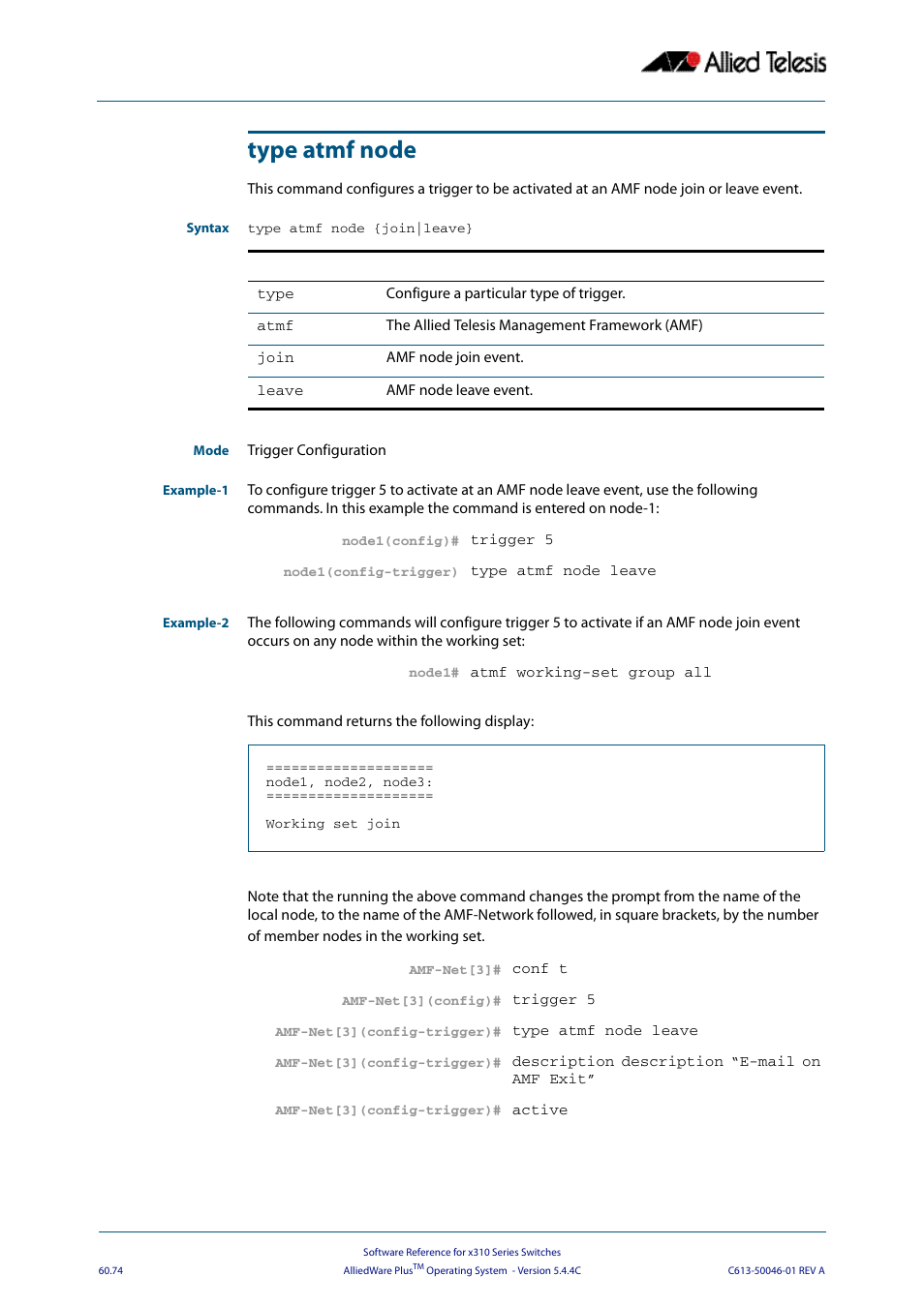 Type atmf node | Allied Telesis AlliedWare Plus Operating System Version 5.4.4C (x310-26FT,x310-26FP,x310-50FT,x310-50FP) User Manual | Page 1662 / 2220