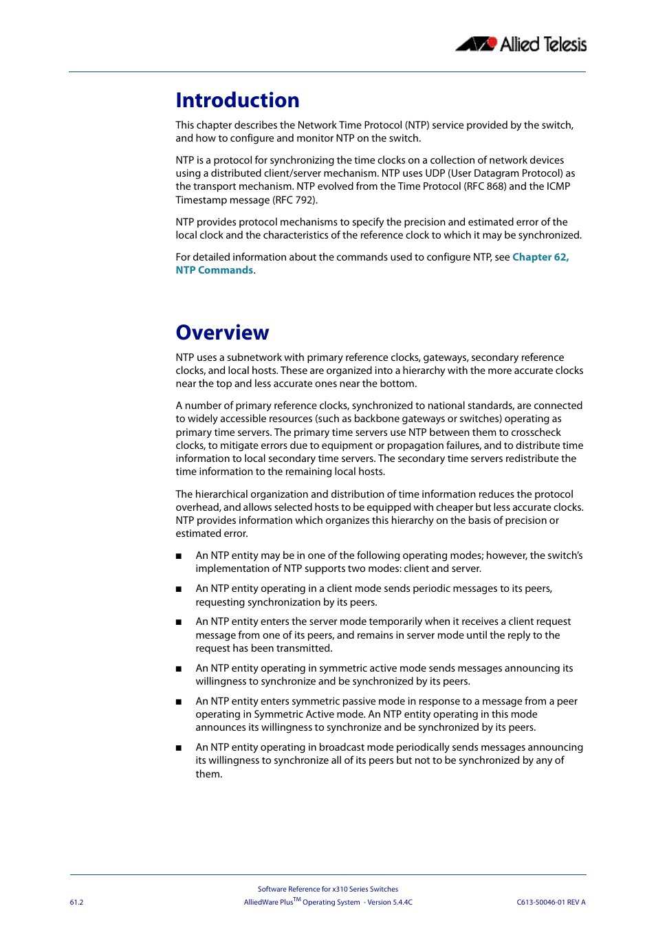 Introduction, Overview, Introduction overview | Allied Telesis AlliedWare Plus Operating System Version 5.4.4C (x310-26FT,x310-26FP,x310-50FT,x310-50FP) User Manual | Page 1666 / 2220