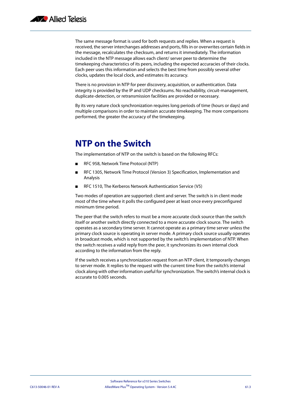 Ntp on the switch | Allied Telesis AlliedWare Plus Operating System Version 5.4.4C (x310-26FT,x310-26FP,x310-50FT,x310-50FP) User Manual | Page 1667 / 2220