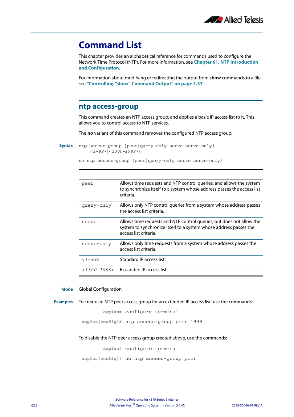 Command list, Ntp access-group, Command list ntp access-group | Allied Telesis AlliedWare Plus Operating System Version 5.4.4C (x310-26FT,x310-26FP,x310-50FT,x310-50FP) User Manual | Page 1672 / 2220