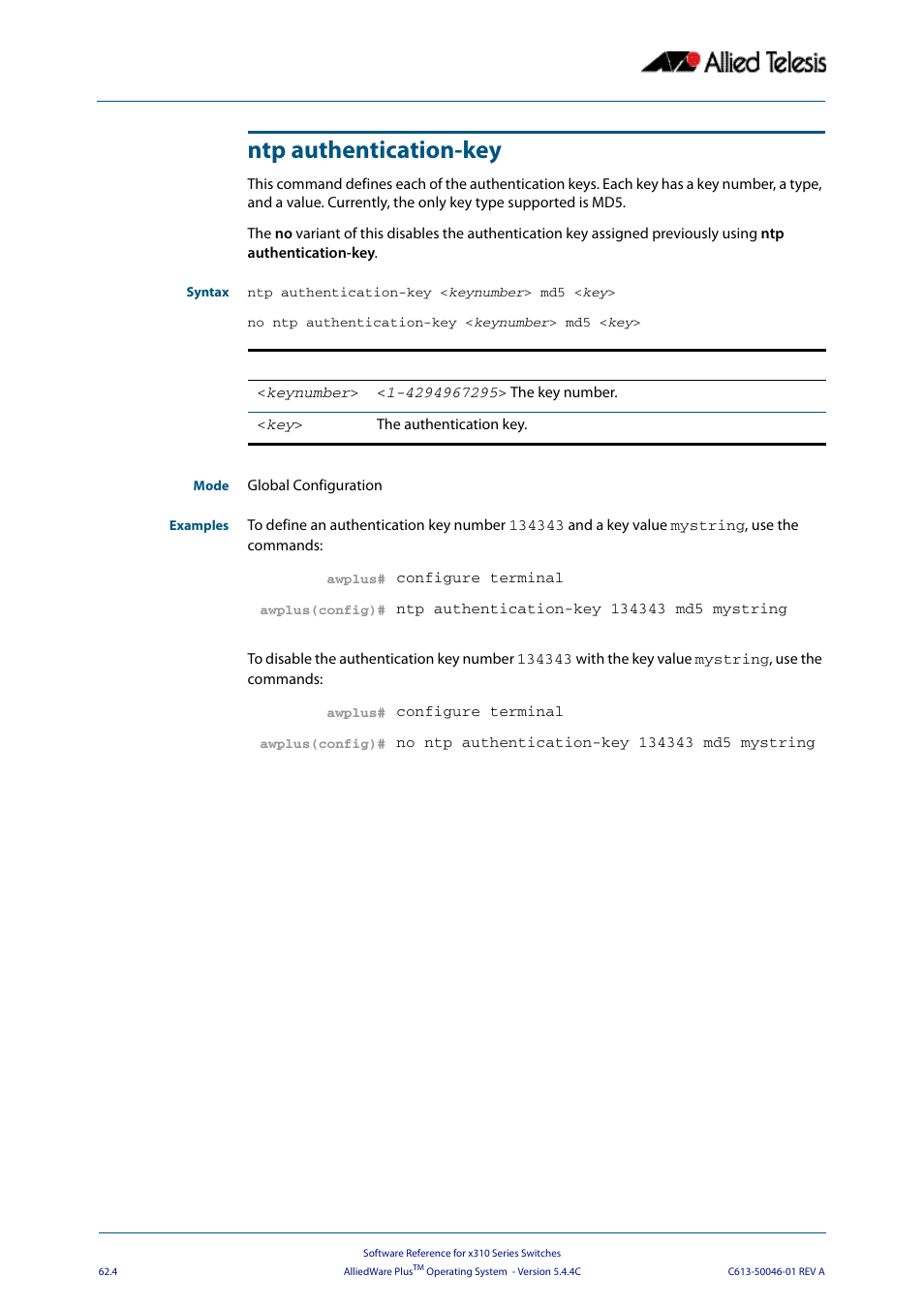 Ntp authentication-key | Allied Telesis AlliedWare Plus Operating System Version 5.4.4C (x310-26FT,x310-26FP,x310-50FT,x310-50FP) User Manual | Page 1674 / 2220