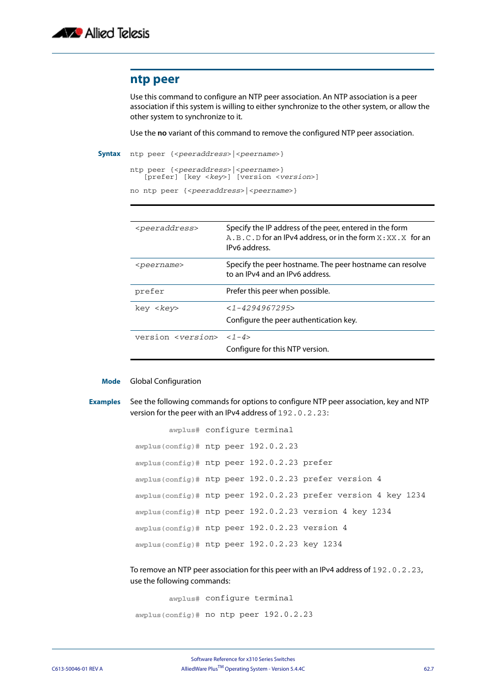 Ntp peer | Allied Telesis AlliedWare Plus Operating System Version 5.4.4C (x310-26FT,x310-26FP,x310-50FT,x310-50FP) User Manual | Page 1677 / 2220
