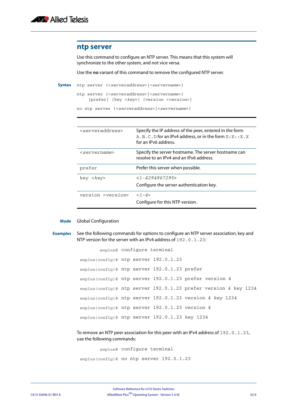 Ntp server | Allied Telesis AlliedWare Plus Operating System Version 5.4.4C (x310-26FT,x310-26FP,x310-50FT,x310-50FP) User Manual | Page 1679 / 2220