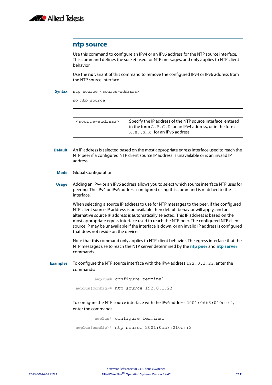 Ntp source | Allied Telesis AlliedWare Plus Operating System Version 5.4.4C (x310-26FT,x310-26FP,x310-50FT,x310-50FP) User Manual | Page 1681 / 2220