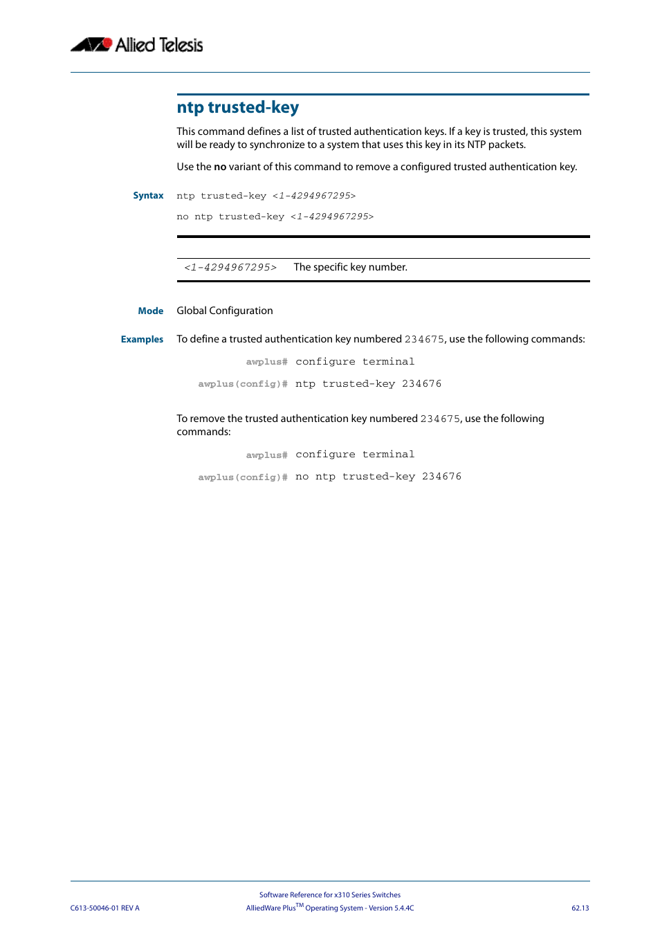 Ntp trusted-key | Allied Telesis AlliedWare Plus Operating System Version 5.4.4C (x310-26FT,x310-26FP,x310-50FT,x310-50FP) User Manual | Page 1683 / 2220