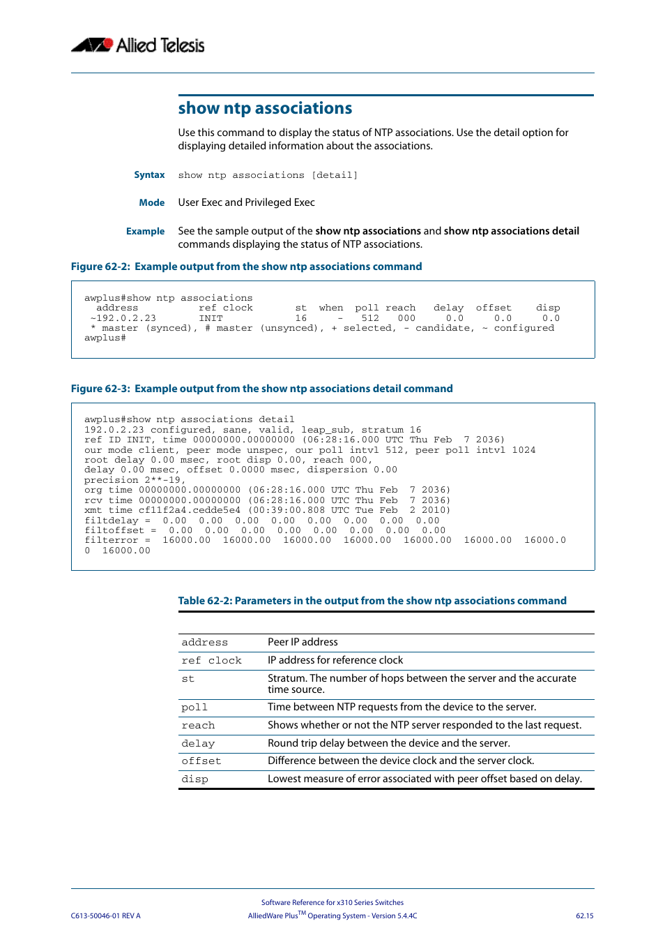 Show ntp associations | Allied Telesis AlliedWare Plus Operating System Version 5.4.4C (x310-26FT,x310-26FP,x310-50FT,x310-50FP) User Manual | Page 1685 / 2220