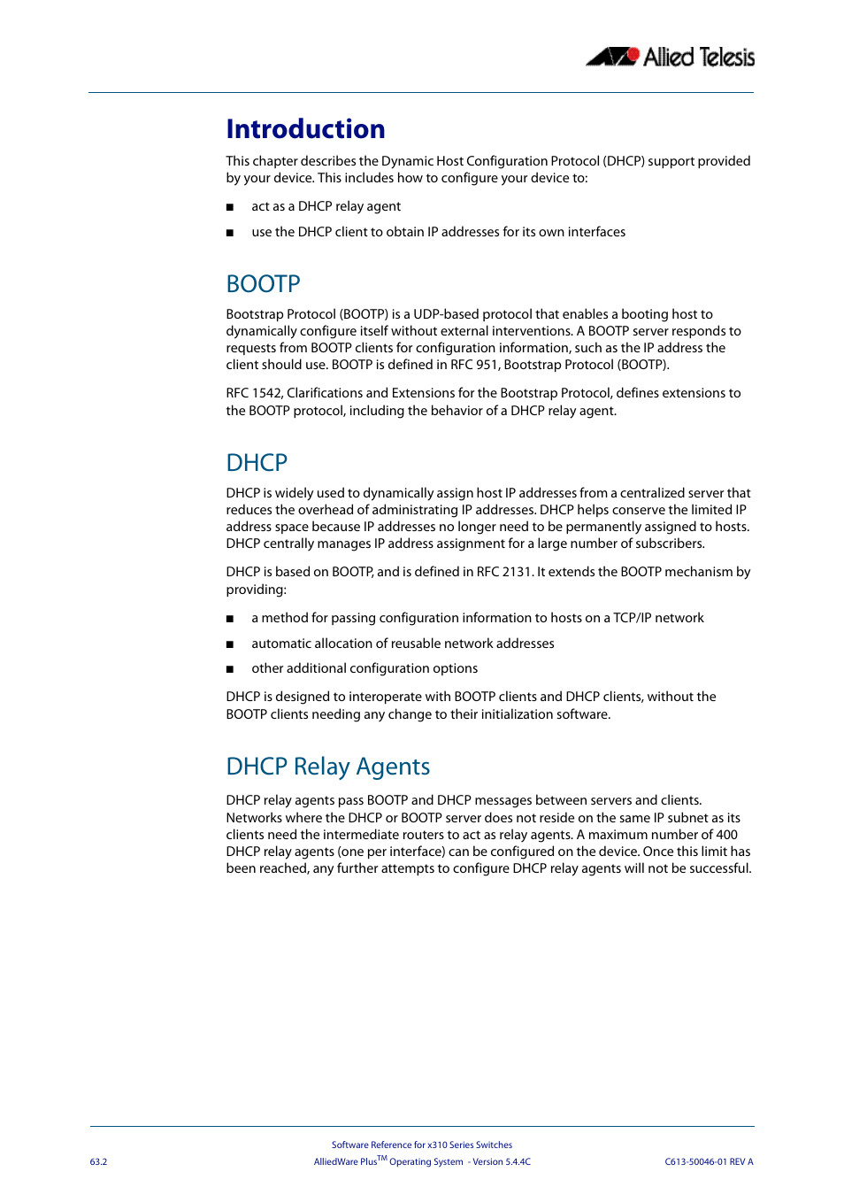 Introduction, Bootp, Dhcp | Dhcp relay agents, Bootp dhcp dhcp relay agents | Allied Telesis AlliedWare Plus Operating System Version 5.4.4C (x310-26FT,x310-26FP,x310-50FT,x310-50FP) User Manual | Page 1688 / 2220