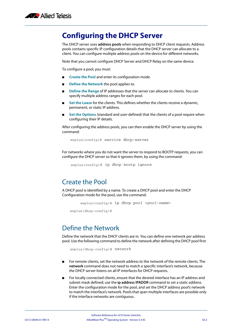 Configuring the dhcp server, Create the pool, Define the network | Create the pool define the network | Allied Telesis AlliedWare Plus Operating System Version 5.4.4C (x310-26FT,x310-26FP,x310-50FT,x310-50FP) User Manual | Page 1689 / 2220