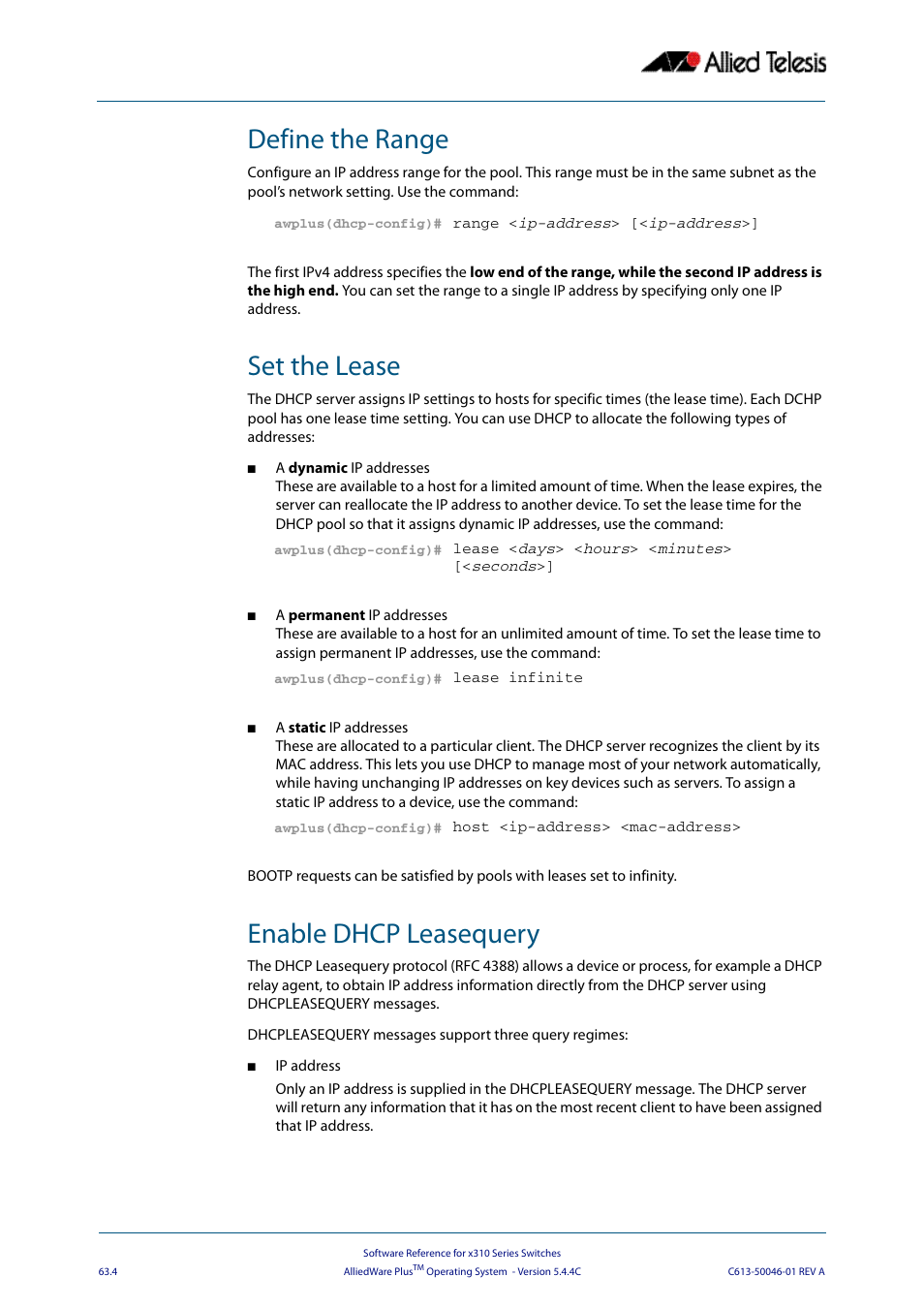 Define the range, Set the lease, Enable dhcp leasequery | Allied Telesis AlliedWare Plus Operating System Version 5.4.4C (x310-26FT,x310-26FP,x310-50FT,x310-50FP) User Manual | Page 1690 / 2220