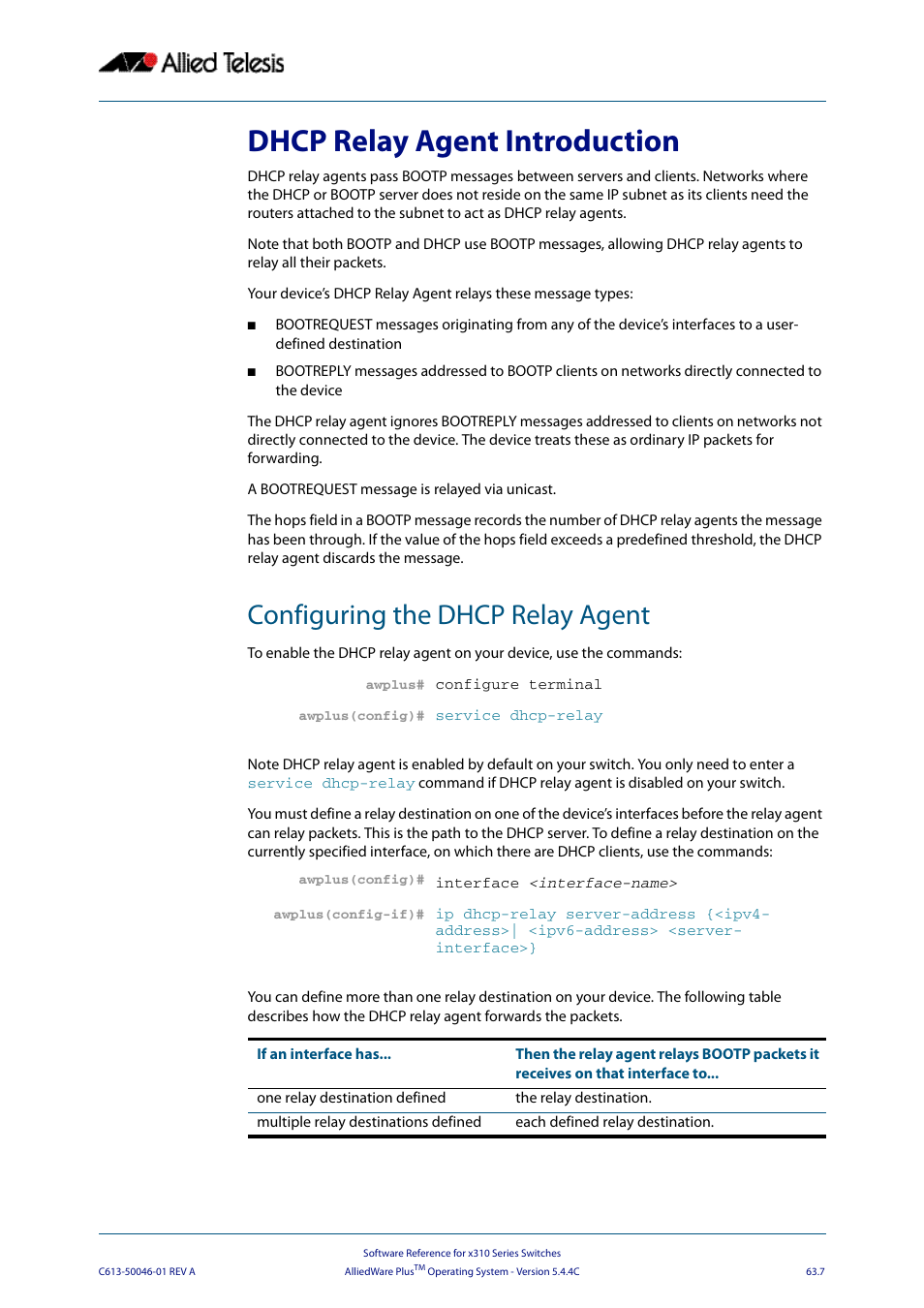 Dhcp relay agent introduction, Configuring the dhcp relay agent, Configuring the | Allied Telesis AlliedWare Plus Operating System Version 5.4.4C (x310-26FT,x310-26FP,x310-50FT,x310-50FP) User Manual | Page 1693 / 2220