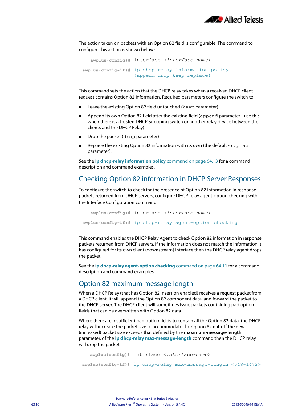 Option 82 maximum message length | Allied Telesis AlliedWare Plus Operating System Version 5.4.4C (x310-26FT,x310-26FP,x310-50FT,x310-50FP) User Manual | Page 1696 / 2220