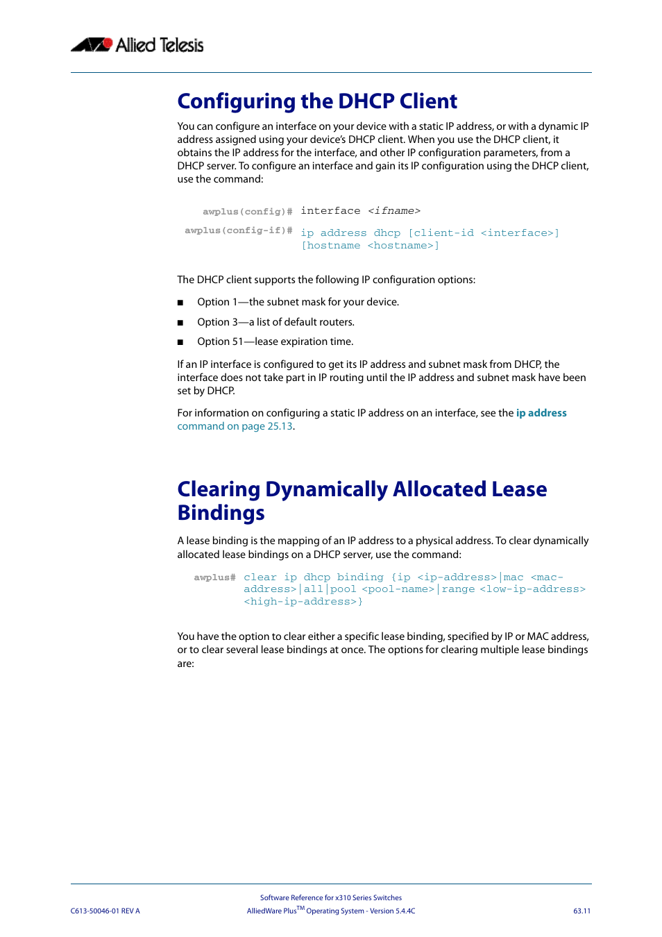 Configuring the dhcp client, Clearing dynamically allocated lease bindings | Allied Telesis AlliedWare Plus Operating System Version 5.4.4C (x310-26FT,x310-26FP,x310-50FT,x310-50FP) User Manual | Page 1697 / 2220