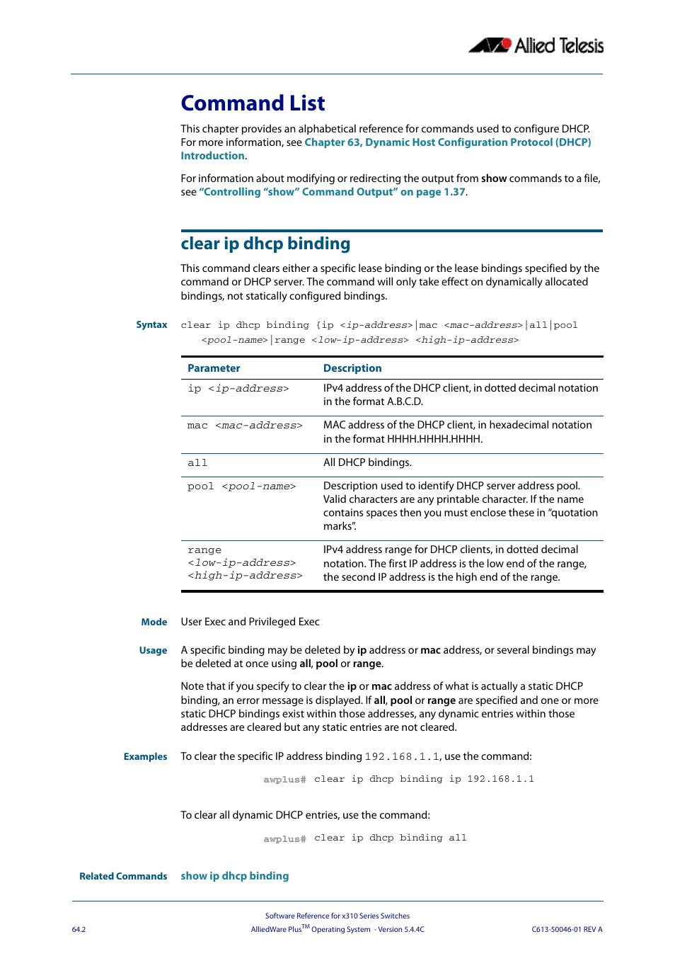 Command list, Clear ip dhcp binding, Command list clear ip dhcp binding | Allied Telesis AlliedWare Plus Operating System Version 5.4.4C (x310-26FT,x310-26FP,x310-50FT,x310-50FP) User Manual | Page 1700 / 2220