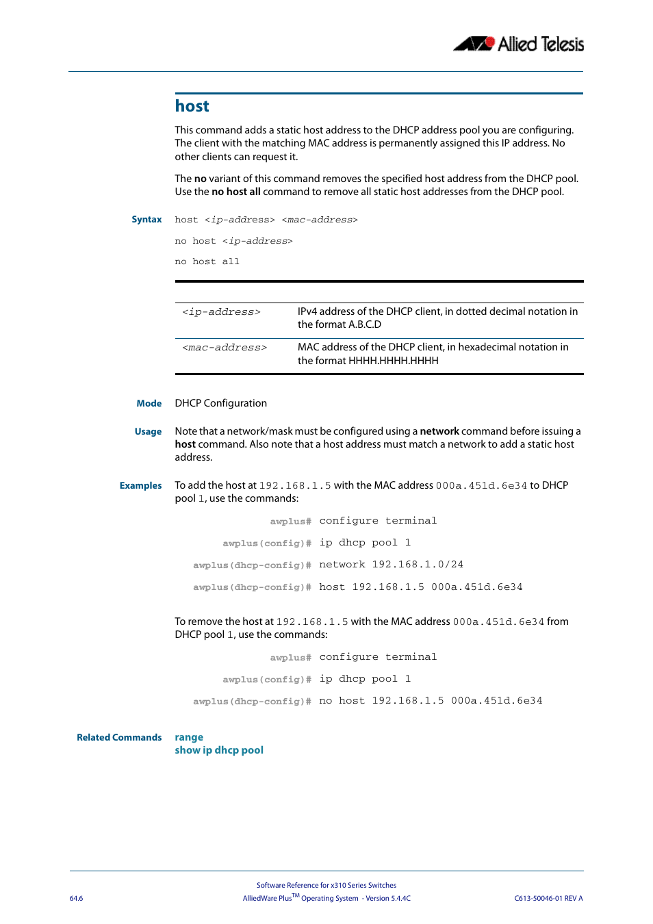 Host | Allied Telesis AlliedWare Plus Operating System Version 5.4.4C (x310-26FT,x310-26FP,x310-50FT,x310-50FP) User Manual | Page 1704 / 2220