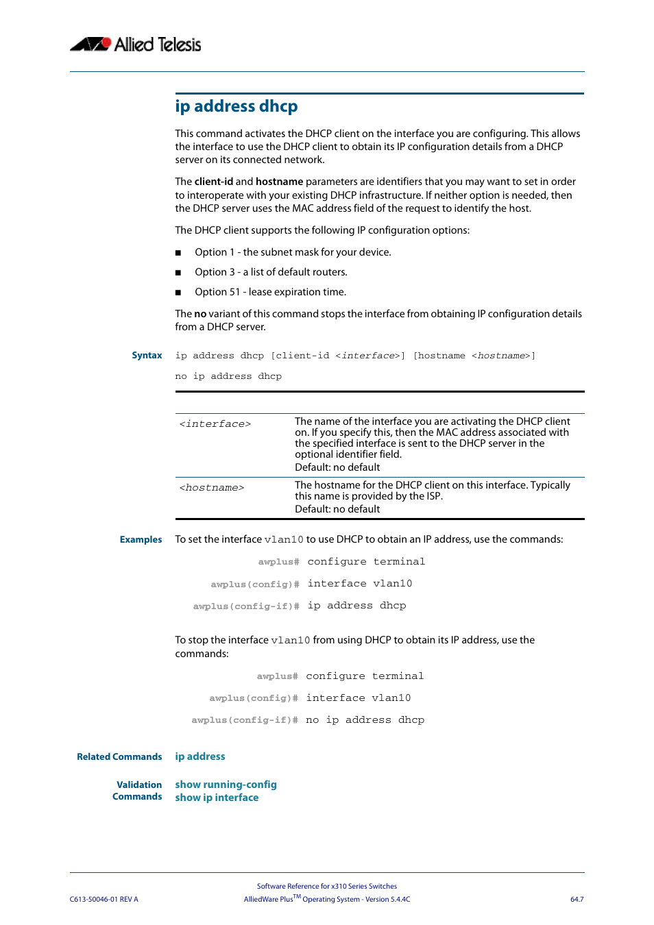 Ip address dhcp | Allied Telesis AlliedWare Plus Operating System Version 5.4.4C (x310-26FT,x310-26FP,x310-50FT,x310-50FP) User Manual | Page 1705 / 2220