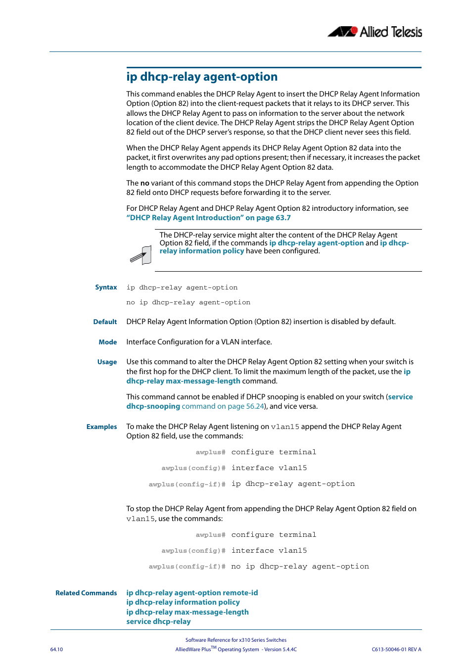 Ip dhcp-relay agent-option, Gent option | Allied Telesis AlliedWare Plus Operating System Version 5.4.4C (x310-26FT,x310-26FP,x310-50FT,x310-50FP) User Manual | Page 1708 / 2220