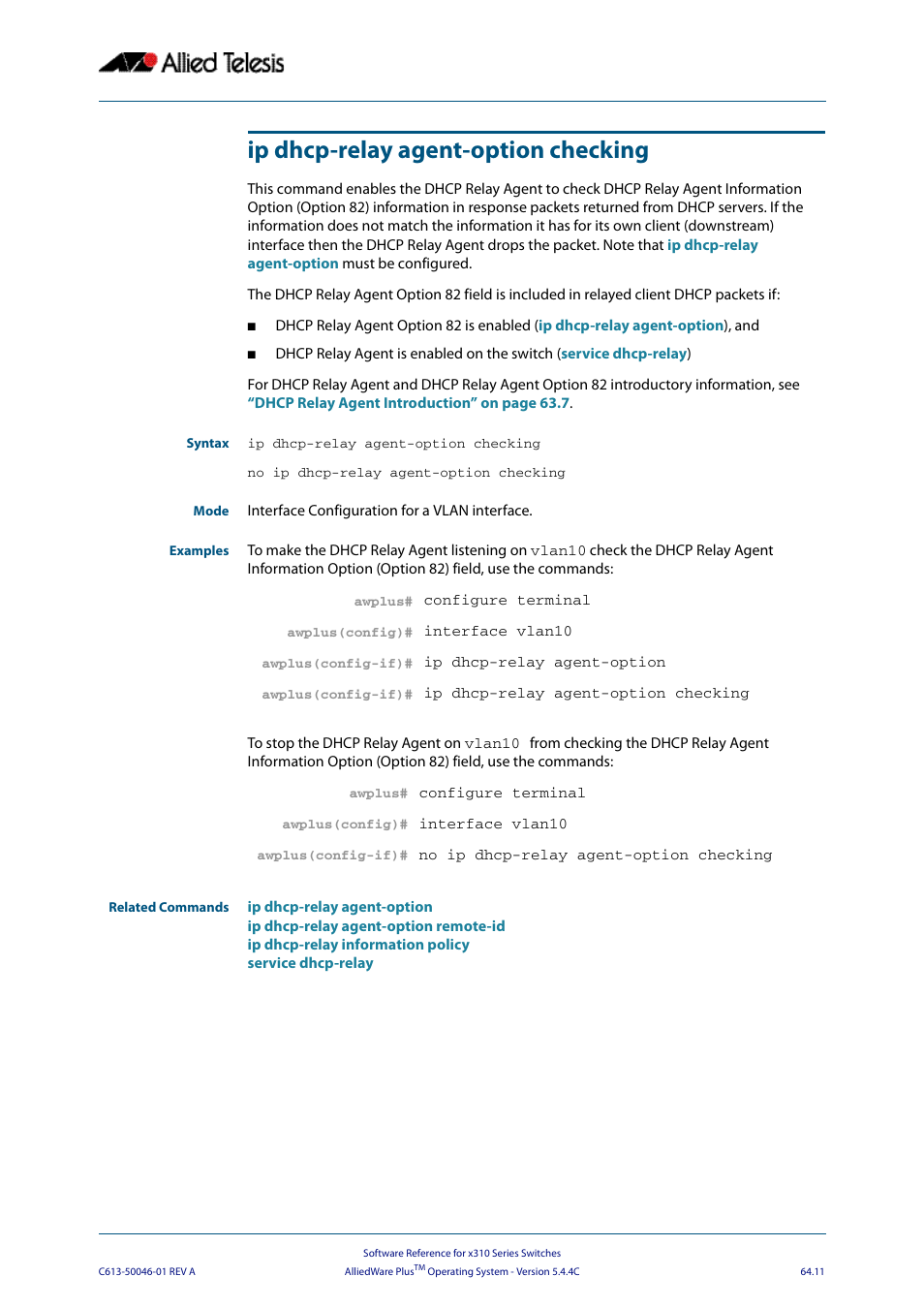 Ip dhcp-relay agent-option checking | Allied Telesis AlliedWare Plus Operating System Version 5.4.4C (x310-26FT,x310-26FP,x310-50FT,x310-50FP) User Manual | Page 1709 / 2220