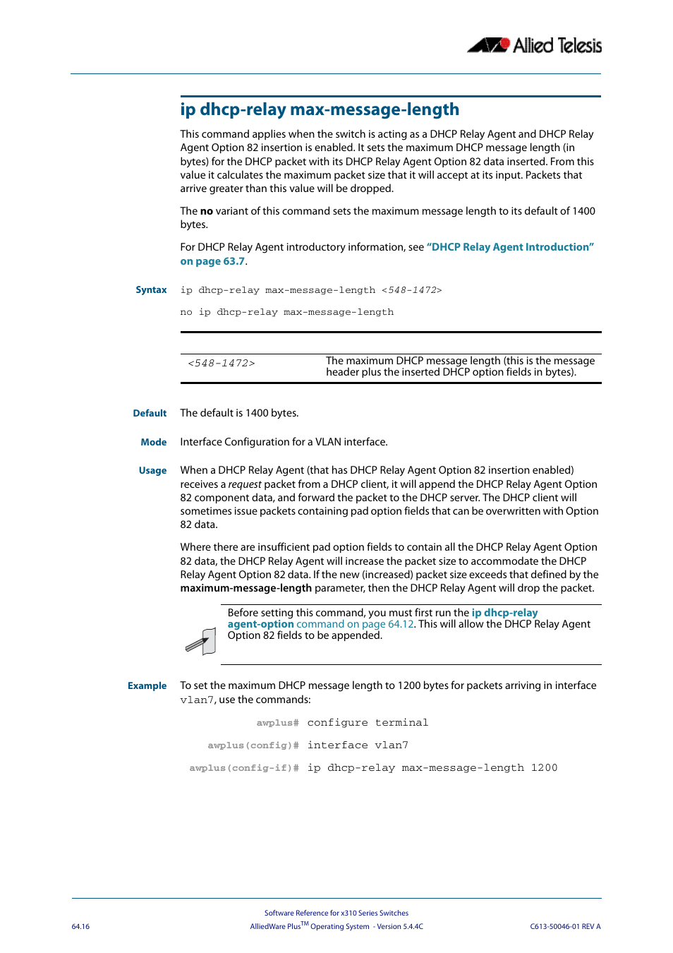 Ip dhcp-relay max-message-length, Ip dhcp-relay max-message-length <548-1472, Dhcp-relay max-message-length | Allied Telesis AlliedWare Plus Operating System Version 5.4.4C (x310-26FT,x310-26FP,x310-50FT,x310-50FP) User Manual | Page 1714 / 2220