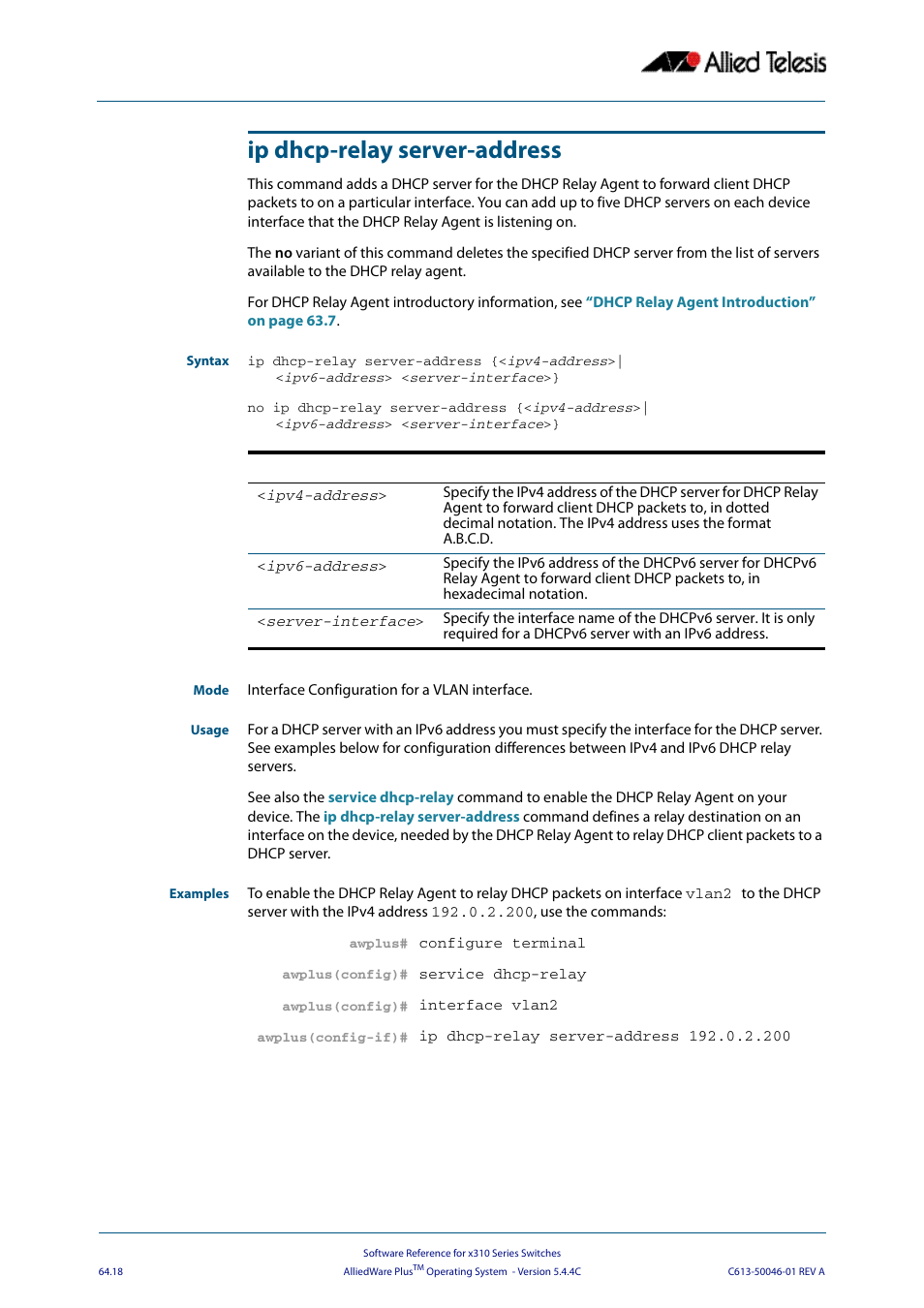 Ip dhcp-relay server-address | Allied Telesis AlliedWare Plus Operating System Version 5.4.4C (x310-26FT,x310-26FP,x310-50FT,x310-50FP) User Manual | Page 1716 / 2220