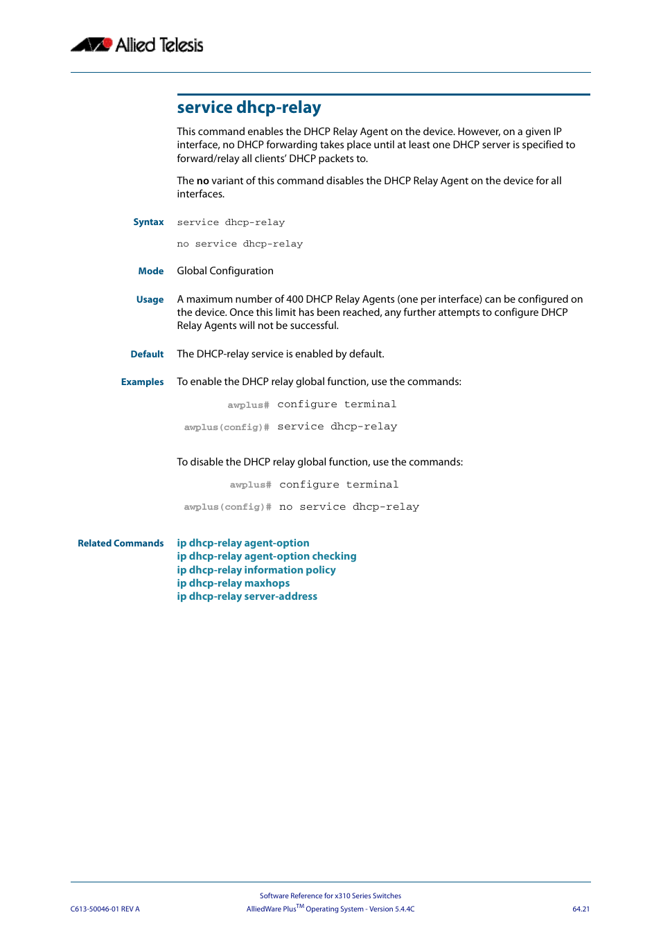 Service dhcp-relay, Comman, Service dhcp | Allied Telesis AlliedWare Plus Operating System Version 5.4.4C (x310-26FT,x310-26FP,x310-50FT,x310-50FP) User Manual | Page 1719 / 2220