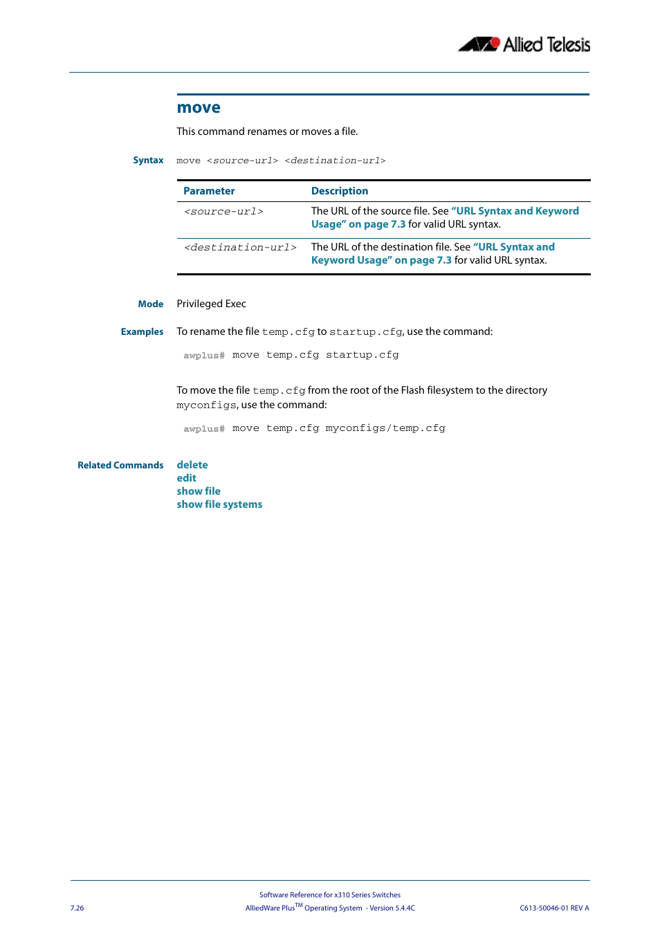 Move | Allied Telesis AlliedWare Plus Operating System Version 5.4.4C (x310-26FT,x310-26FP,x310-50FT,x310-50FP) User Manual | Page 172 / 2220