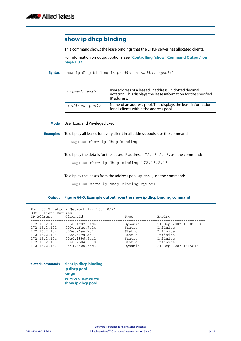 Show ip dhcp binding | Allied Telesis AlliedWare Plus Operating System Version 5.4.4C (x310-26FT,x310-26FP,x310-50FT,x310-50FP) User Manual | Page 1727 / 2220