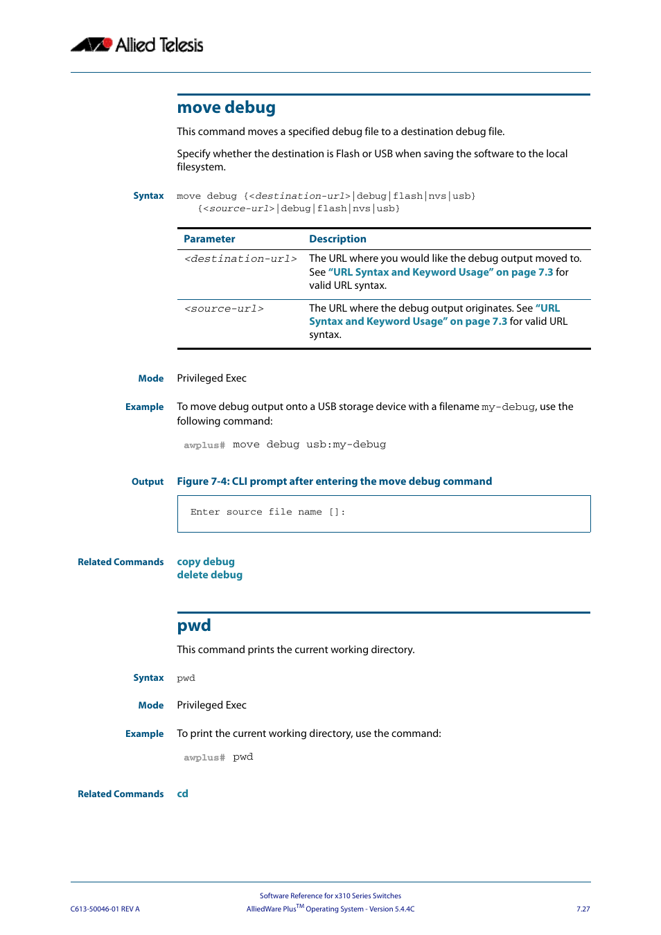 Move debug, Move debug pwd | Allied Telesis AlliedWare Plus Operating System Version 5.4.4C (x310-26FT,x310-26FP,x310-50FT,x310-50FP) User Manual | Page 173 / 2220