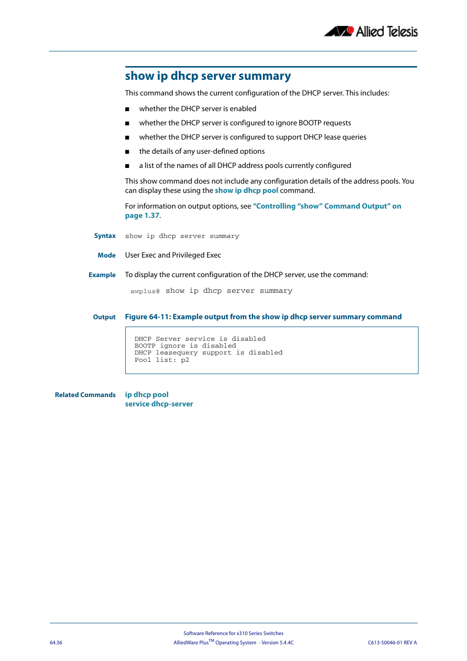 Show ip dhcp server summary | Allied Telesis AlliedWare Plus Operating System Version 5.4.4C (x310-26FT,x310-26FP,x310-50FT,x310-50FP) User Manual | Page 1734 / 2220