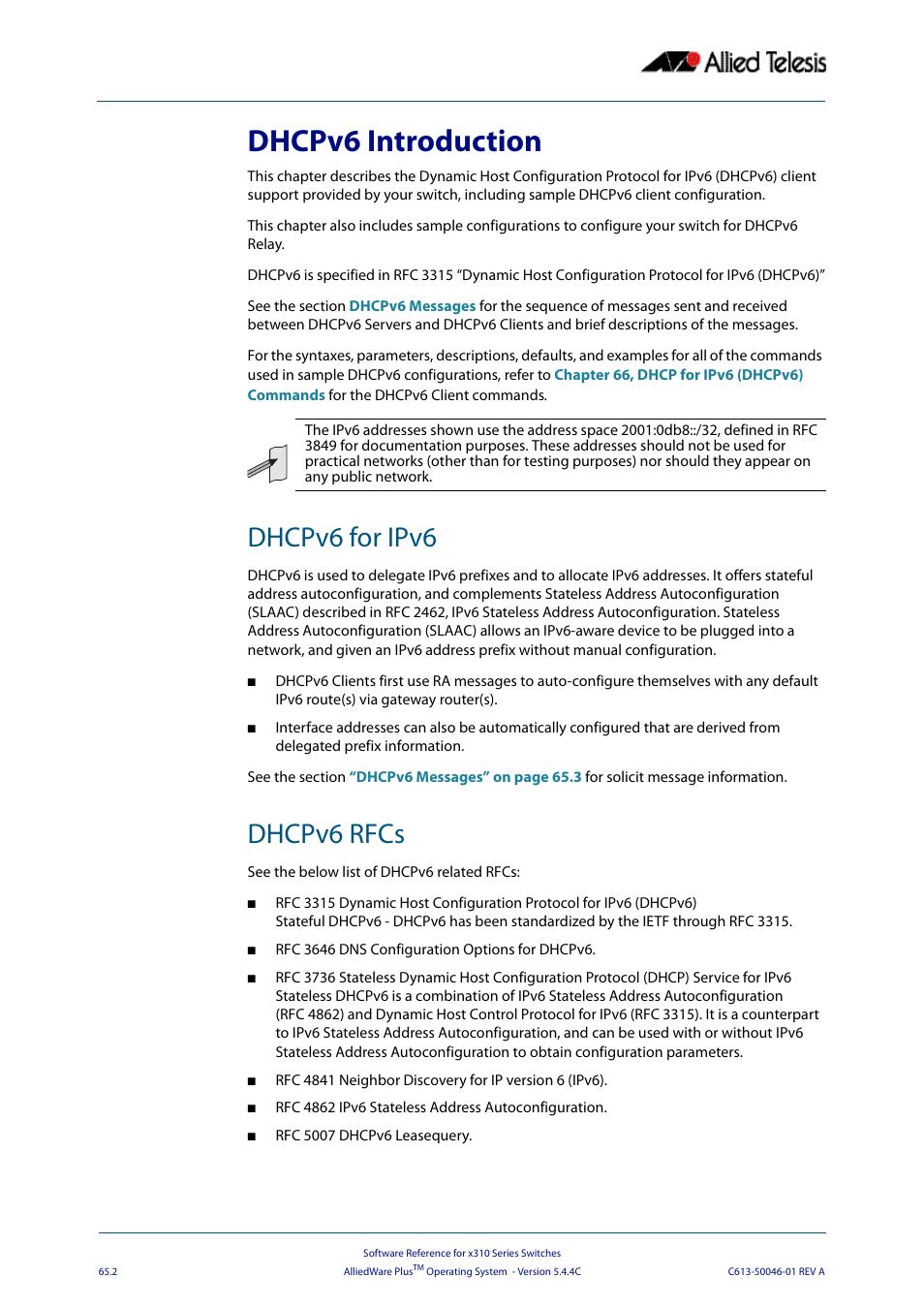 Dhcpv6 introduction, Dhcpv6 for ipv6, Dhcpv6 rfcs | Dhcpv6 for ipv6 dhcpv6 rfcs | Allied Telesis AlliedWare Plus Operating System Version 5.4.4C (x310-26FT,x310-26FP,x310-50FT,x310-50FP) User Manual | Page 1738 / 2220