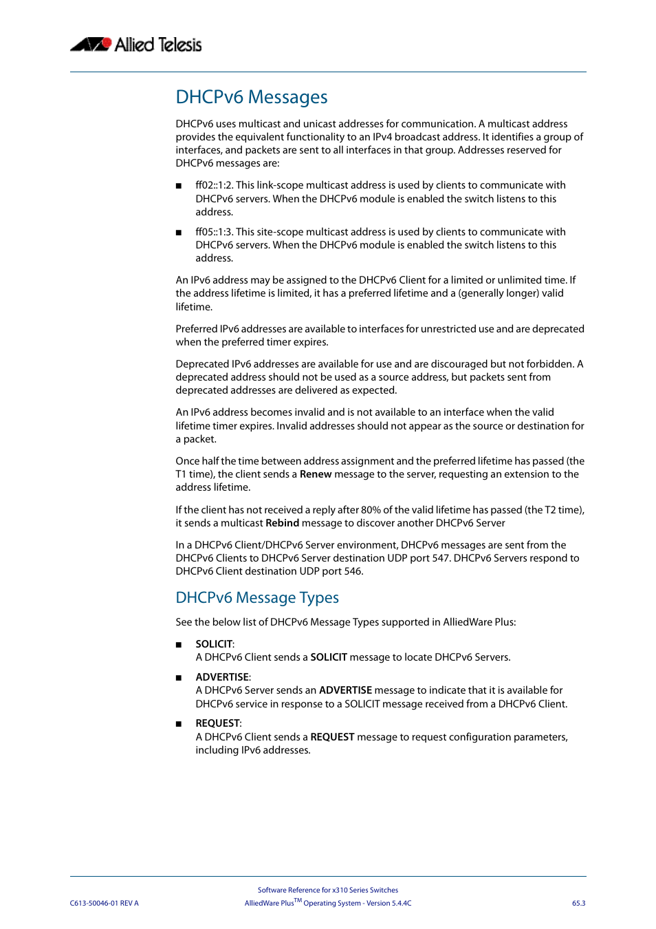 Dhcpv6 messages, Dhcpv6 message types | Allied Telesis AlliedWare Plus Operating System Version 5.4.4C (x310-26FT,x310-26FP,x310-50FT,x310-50FP) User Manual | Page 1739 / 2220