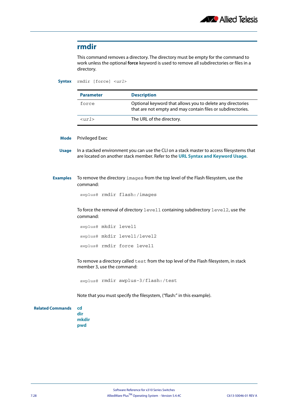 Rmdir | Allied Telesis AlliedWare Plus Operating System Version 5.4.4C (x310-26FT,x310-26FP,x310-50FT,x310-50FP) User Manual | Page 174 / 2220