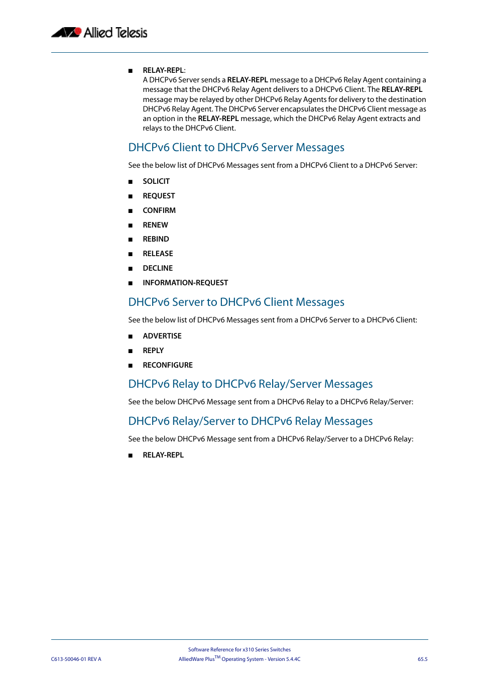 Dhcpv6 client to dhcpv6 server messages, Dhcpv6 server to dhcpv6 client messages, Dhcpv6 relay to dhcpv6 relay/server messages | Dhcpv6 relay/server to dhcpv6 relay messages | Allied Telesis AlliedWare Plus Operating System Version 5.4.4C (x310-26FT,x310-26FP,x310-50FT,x310-50FP) User Manual | Page 1741 / 2220