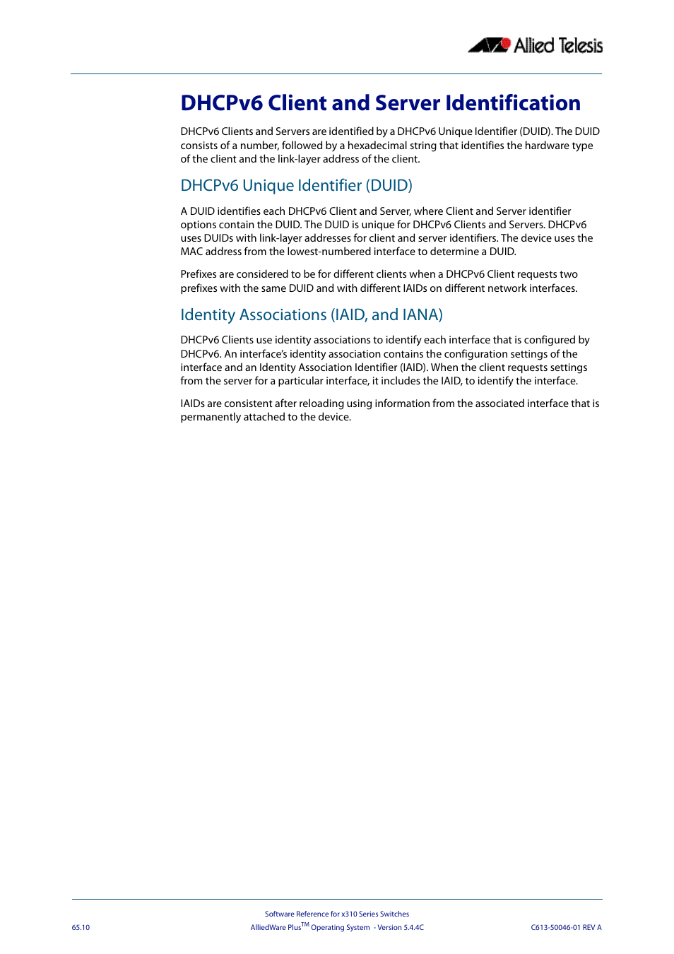 Dhcpv6 client and server identification, Dhcpv6 unique identifier (duid), Identity associations (iaid, and iana) | Allied Telesis AlliedWare Plus Operating System Version 5.4.4C (x310-26FT,x310-26FP,x310-50FT,x310-50FP) User Manual | Page 1746 / 2220