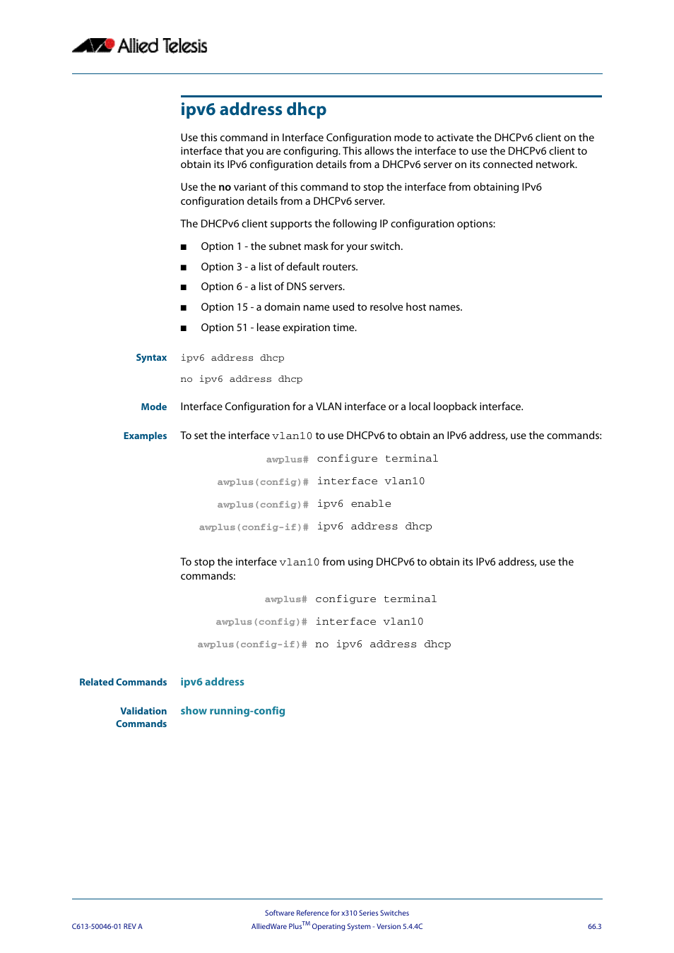 Ipv6 address dhcp | Allied Telesis AlliedWare Plus Operating System Version 5.4.4C (x310-26FT,x310-26FP,x310-50FT,x310-50FP) User Manual | Page 1755 / 2220